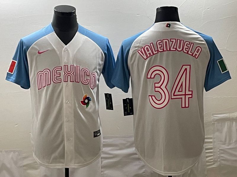 Men 2023 World Cub Mexico #34 Valenzuela White blue Nike MLB Jersey9